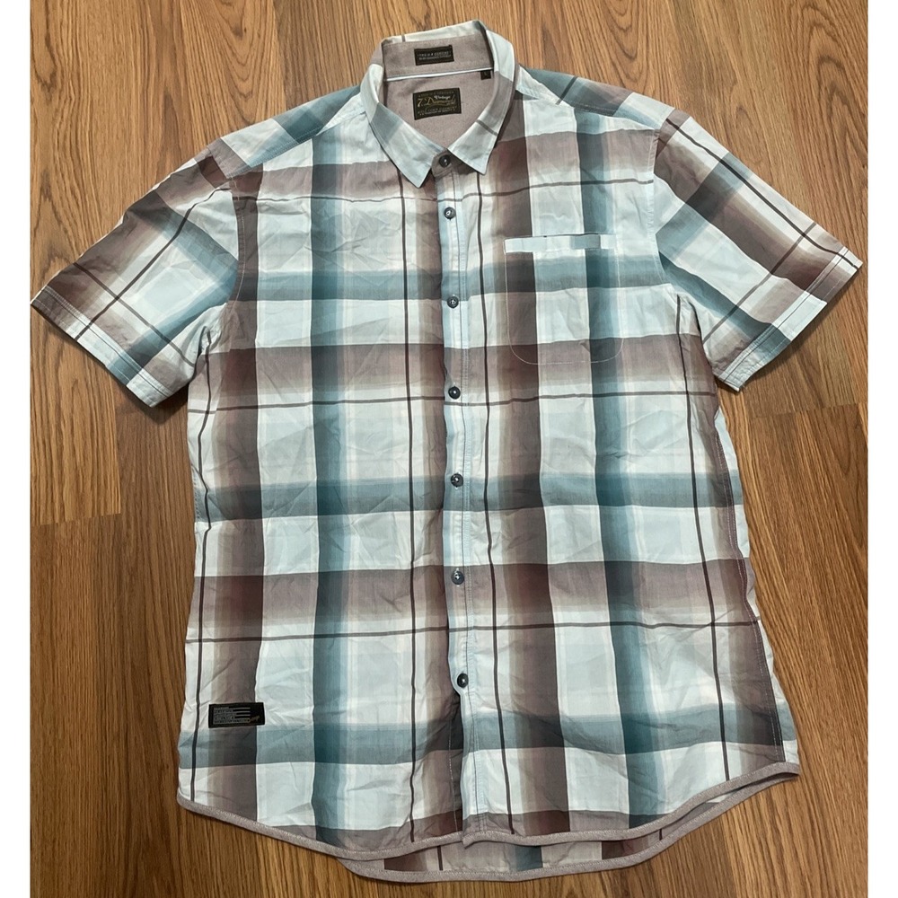 7 Diamonds Shirt Mens Large Plaid Button Up Cotton Short Sleeve Blue - Picture 1 of 13